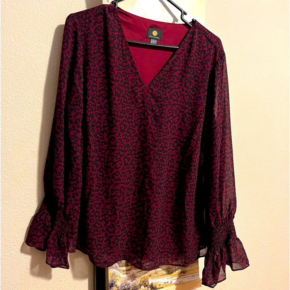 JM Collection Plus Womens V Neck Bell Sleeve Blouse